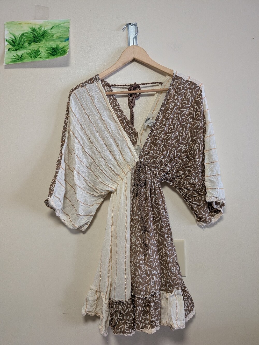 Zury S Boho Patchwork Kimono Sleeve Tie Front Mini Dress Festival